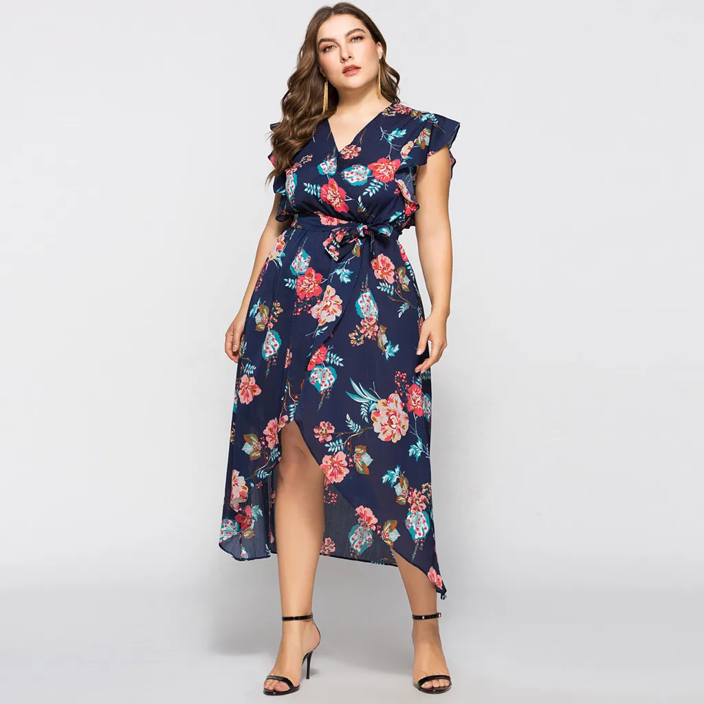 

MIARHB NEW Fashion Women Plus Size Summer V Neck Floral Print Boho Sleeveless Sashes Empire Party Chiffon Dress Freeship N4