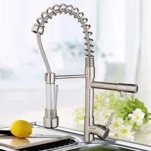 Лучшие Никель матовый Кухня поворотный носик кран двойной воды на выходе Кухня раковина pull Пух спрей горячей и холодной воды смеситель краны