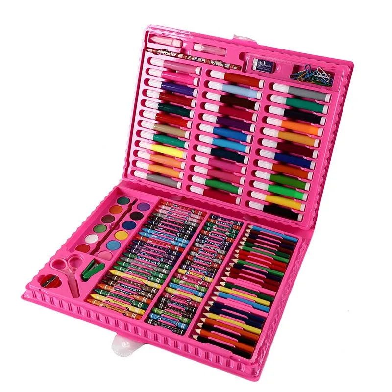 150 шт Художественный набор для рисования акварелью, инструменты для рисования, художественные маркеры, кисти, ручки, принадлежности для детской вечеринки, Подарочная коробка, офисные канцелярские принадлежности - Цвет: Розовый