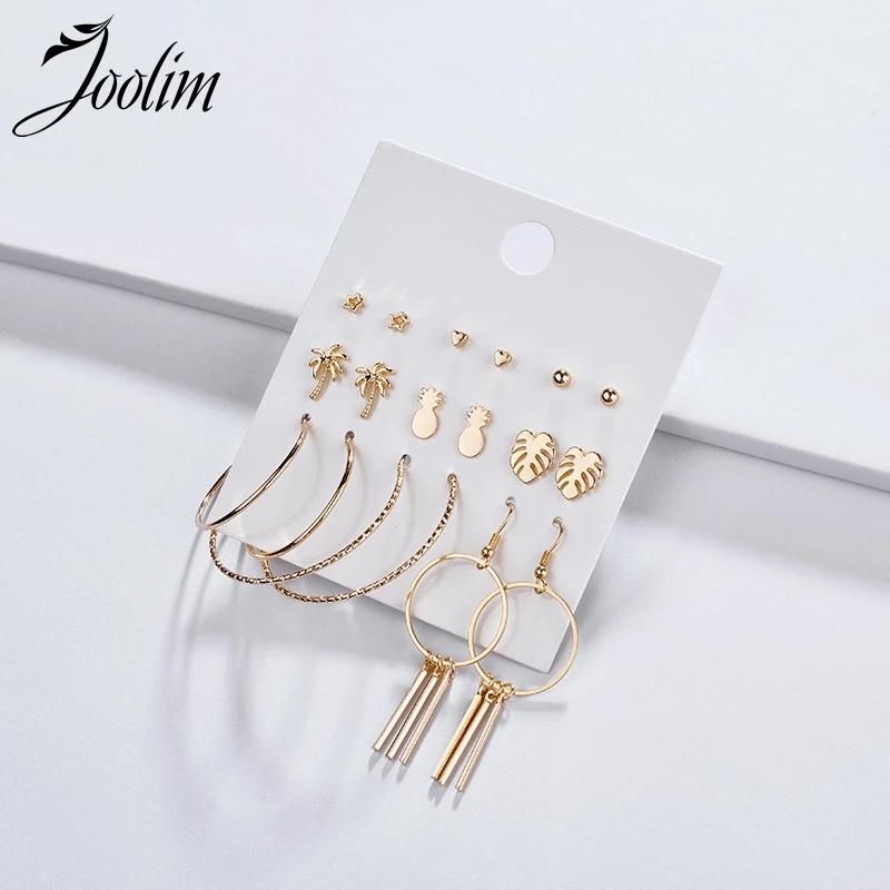 

Joolim 9 pairs/set Trendy Gold Color Pinapple Leaf Coconut Tree Earrings Set Fashion Earring Wholesale