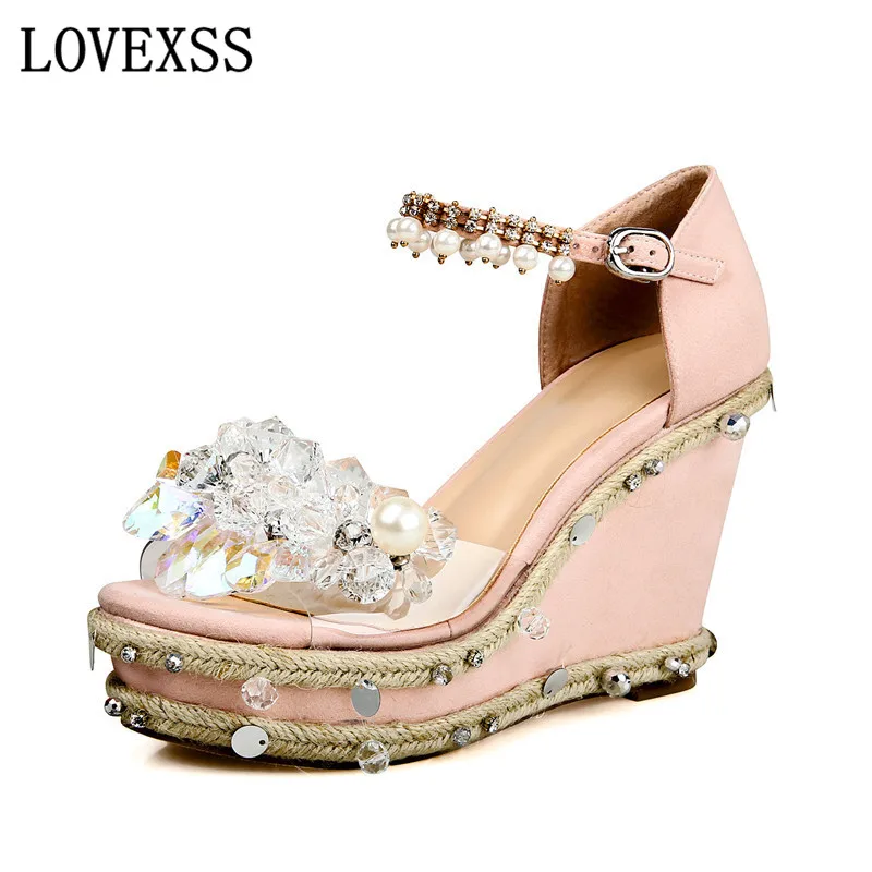 

LOVEXSS Wedges Crystal Sandals Sexy 10.5 CM High Woman Shoes String Bead Genuine Leather Sheepskin Pink Wedges Sandals 2017