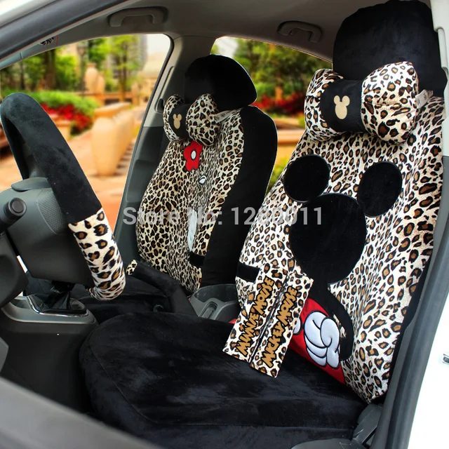 Us 608 62 Black Leopard Mickey Minnie Mouse Car Seat Covers Accessories For 5 Seats Shoulder Pad Neck Pillow Steering Wheel Cover In