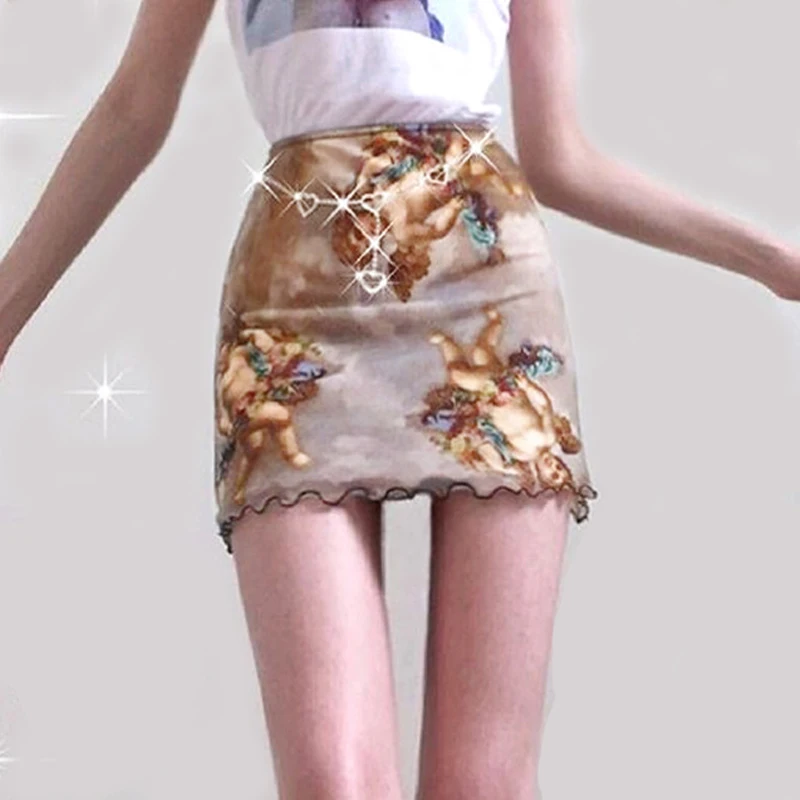 

Pencil Skirts Women Sexy Angel Printed Cute Harajuku Kawaii Summer Mesh Patchwork High Waist Skirts Double Layer Mini Skirt Lady