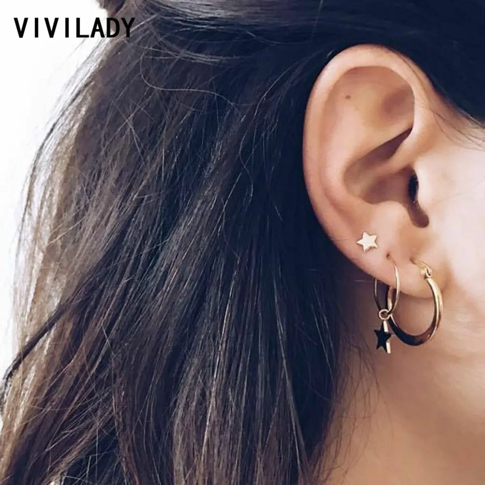 

VIVILADY New Arrived Creative Trendy Star Pendant Set Hoop Earrings Hot Sale Unique Charming Gold Color For Teen Girl Brincos