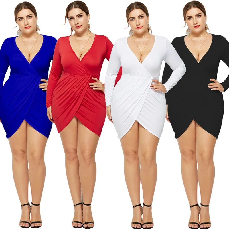 

Large Size Women Long Sleeve Solid Sexy V Neck Pleated Asymmetrical Mini Dress 2019 Spring Autumn Stretchy Big Size Dress L-3XL