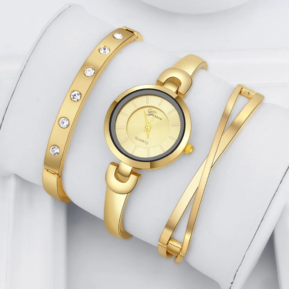 

New 3 PCS set Ginave Watch Women Gold Diamond Bracelet Watch Luxury Jewelry Ladies Female Girl Hour Casual Quartz Wristwatches