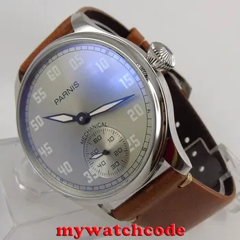 

44mm parnis gray dial leather hand winding 6498 mechanical mens watch P804