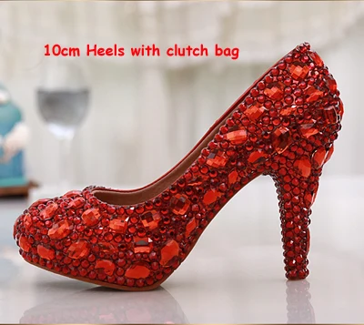 Красный кристалл свадебные туфли с соответствующими кошелек со сверкающими стразами обувь для подружки невесты с муфтой низкий средний высокий каблук плюс Размеры - Цвет: Red 10cm Heels