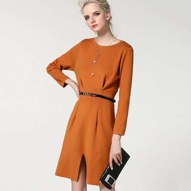 2017 New Long Sleeve Knitted Dress A Line O Neck Work Office Dress