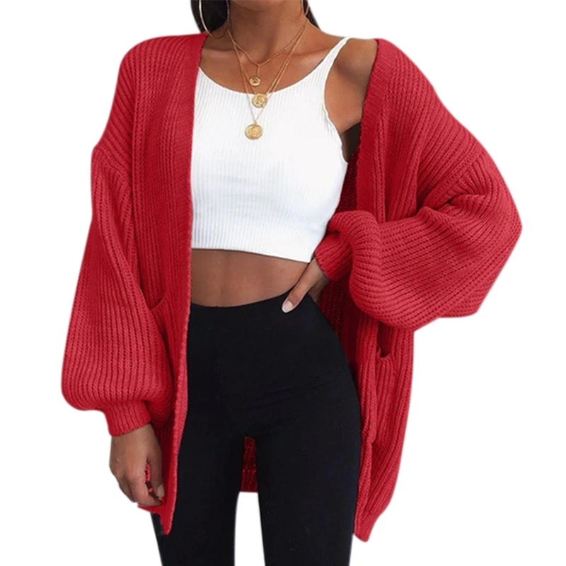 SHUJIN New Women Knitted Cardigan Coat Autumn Winter Ladies Solid Cardigan Long Sleeve Coat Outerwear Female Tops - Цвет: red