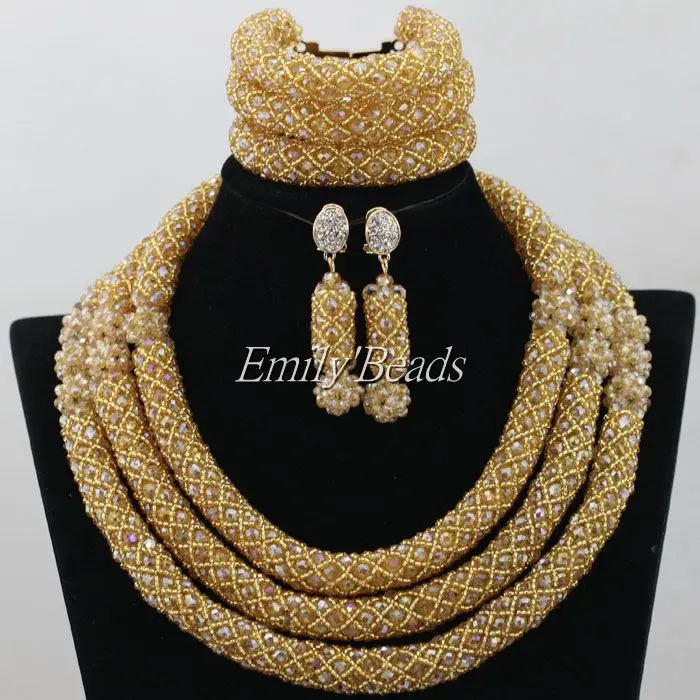 

Costume African Gold Beads Jewelry Sets 2016 New Nigerian Party Wedding Indian Bridal Necklace Set Free Shipping AIJ542