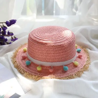 Новые детские летние Панамы, шляпы от солнца, цветные соломенные шляпы с кисточками, милые детские пляжные кепки с широкими полями для девочек, Кепка с плоским верхом и козырьком, Sombreros - Цвет: deep pink
