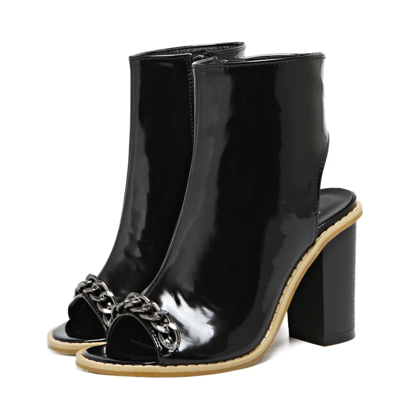 

Spring Autum Ankle Boots Women Peep toe Shiny Booties High Heel Sexy Ladies Metal Chains Decoration Boots Fashion Woman