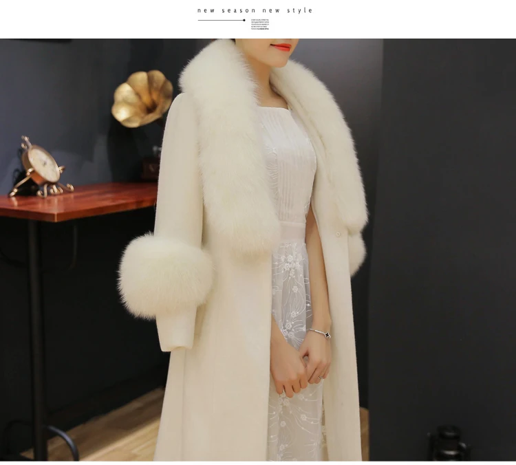 Женское меховое пальто, Корейская винтажная осенне-зимняя куртка, женские топы, воротник из лисьего меха, шерстяное пальто, женская куртка, длинные пальто, ZT1717