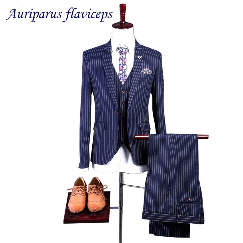 

2019 Winter Striped Tweed Suits for Men Suits Wide Lapel Groom Tuxedos Terno One Button Wedding Suit(Jacket+pants+vest)