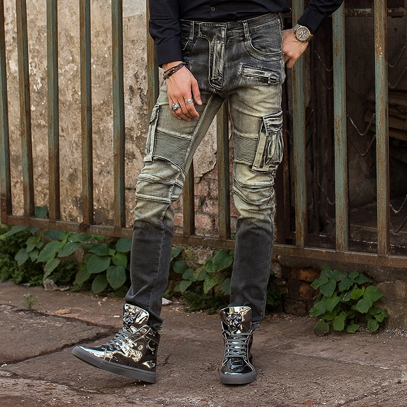 

2017 New Spring Autumn Men's Original Trade Gradient Straight Jeans Trousers Men's Overalls Big Pocket Zipper Biker Denim Jeans