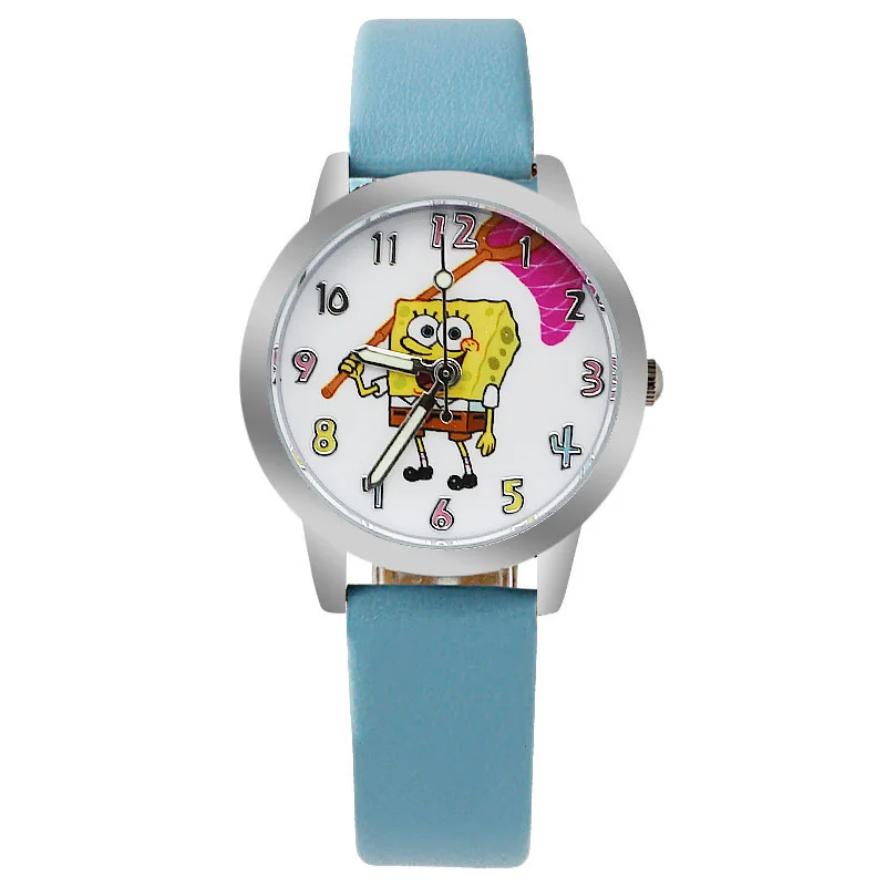 Новые брендовые Детские часы, повседневные кварцевые светящиеся часы с кожаным ремешком, детские часы с рисунком губки боба, подарок на день рождения для мальчиков и девочек - Цвет: Небесно-голубой