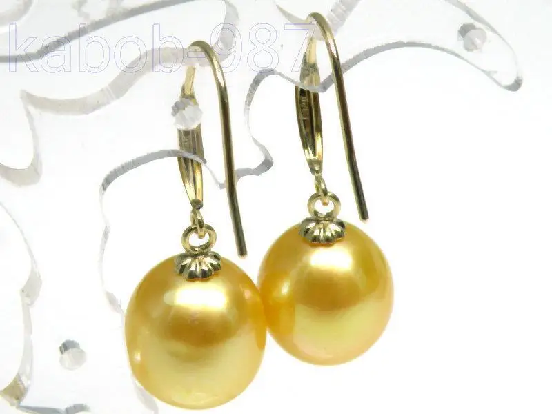 

ELEGANT Solid 14K Gold AAA+ 9*11mm Drop Golden South Sea Dangle Pearls Earring