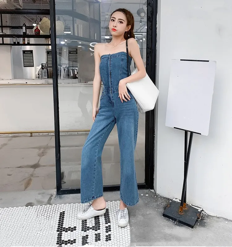 

2019 Fashion Women Off Shoulder Denim Jumpsuit Summer Sexy Sleeveless Long Romper Vocation Holiday Wide Leg Overalls