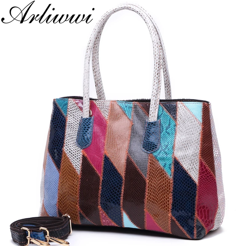

Arliwwi Brand Women Designer Shiny Genuine Leather Handmade Patchwork Tote Handbags Luxury Panelled Shoulder Bags New