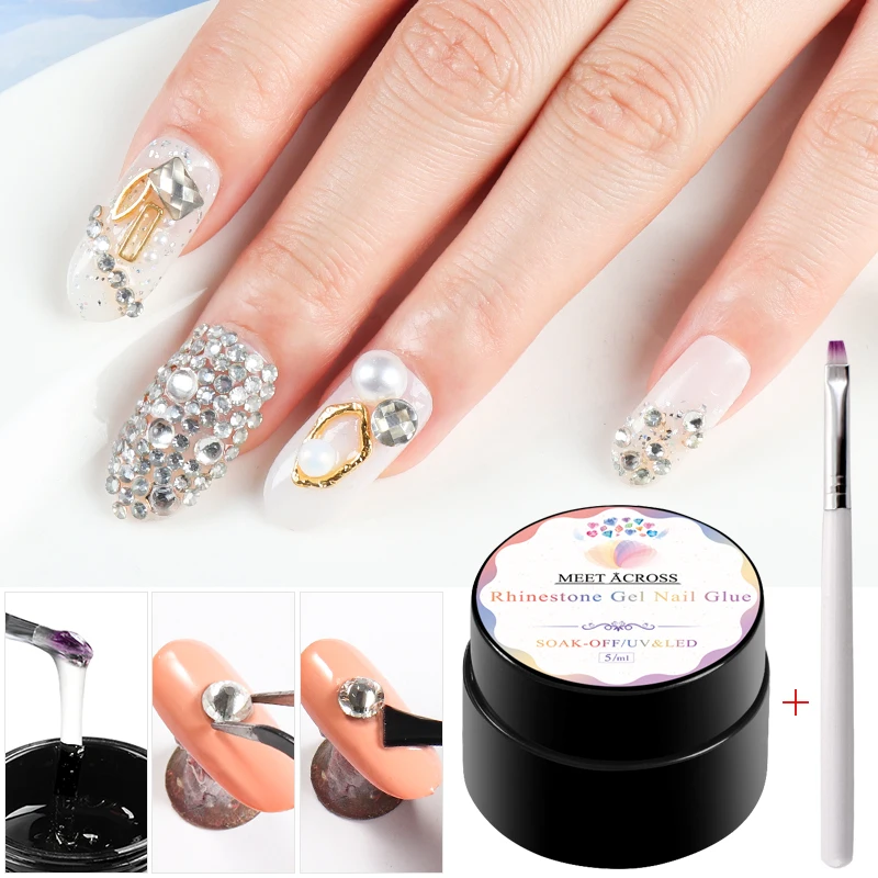 

MEET ACROSS Clear Nail Art Glue Set UV Gel Rhinestone Manicure Sticking AdhesiveTips For Nail Tips Decoration With Brush
