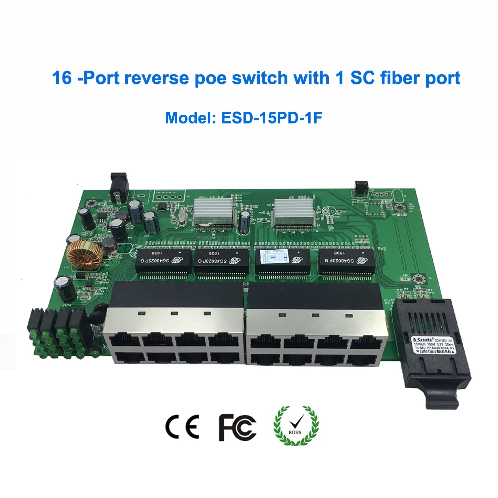 24V poe16-Порты и разъёмы обратное POE Питание ethernet-коммутатор с 1 sc волокно Порты и разъёмы печатной платы