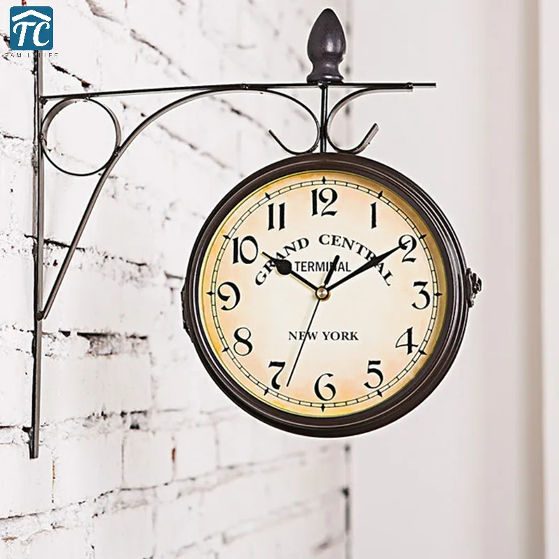 Антикварные настенные часы декоративная металлическая рама подвесные в европейском стиле для гостиной двухсторонние часы Сад Ретро винтажные часы