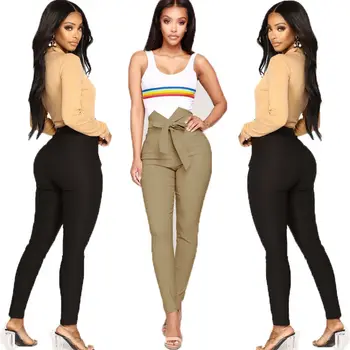 

US Sexy Women Slim Skinny Pants High Waist Belted Legging Long Pencil Trousers