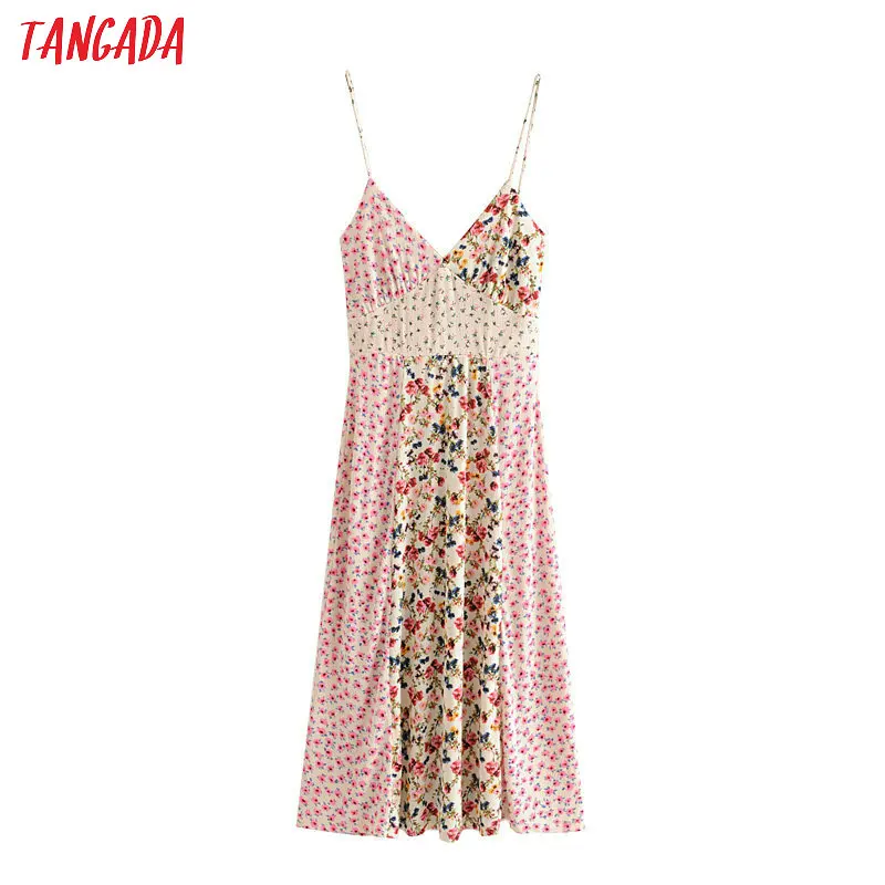 

Tangada women patchwork floral print pleated dress boho style ladies spaghetti strap mid calf dress vestidos 3H241