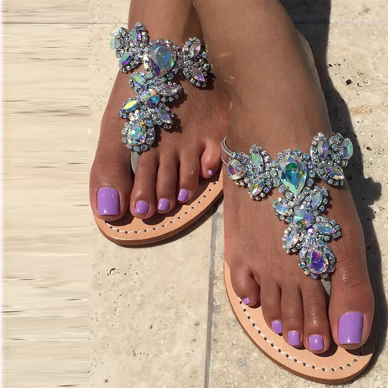 2017 Fashion Beach Sandals Women Summer Rhinestone Slippers Women's shoes Flat heel Slides Flip-flop zapatos mujer Plus size 47