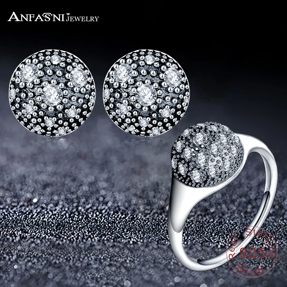 

ANFASNI Real 100% 925 Sterling Silver Dazzling Cosmic Stars Stud Earrings and Ring Set For Women Fashion Jewelry Sets Gift