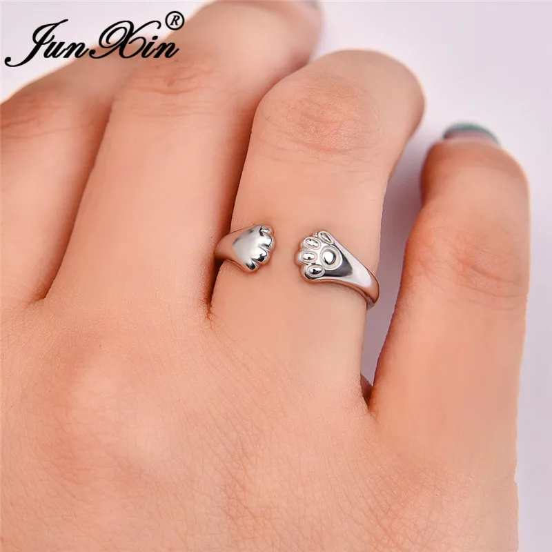 JUNXIN Cute Bear Dog Cat Paw Rings For Women 925 Silver/Gold Filled Open Ring Female Animal Claws Ring Daily Korean Jewelry Gift