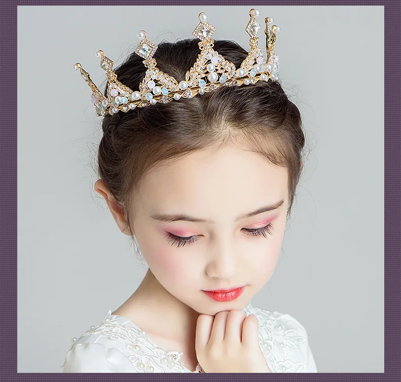 Роскошный детский головной убор принцессы с короной и цветами для девочек, тиара, Золотая Корона, аксессуары для волос на день рождения, повязка на голову для девочек