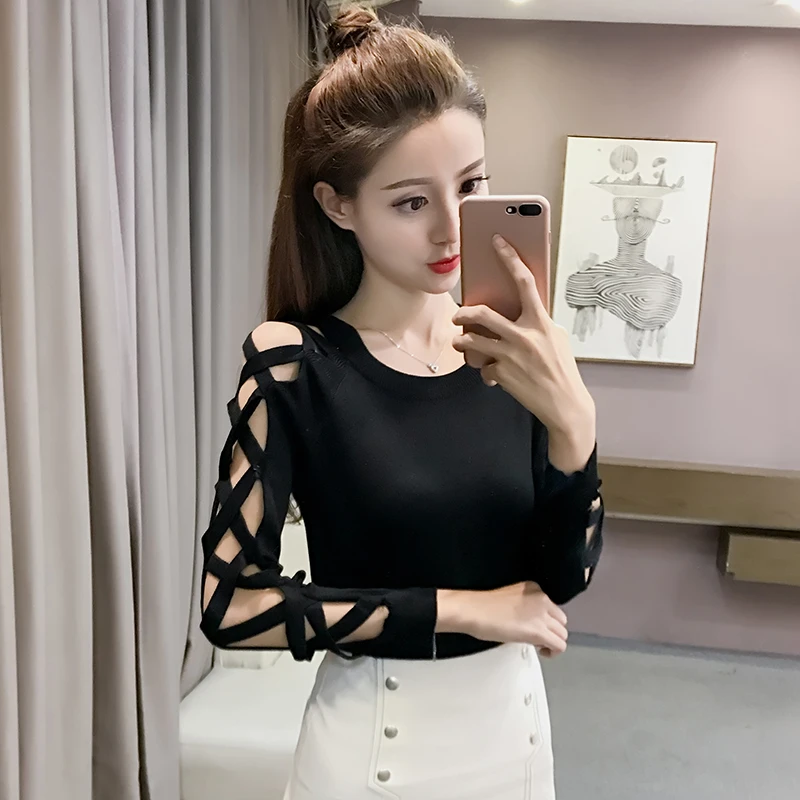 

Autumn Spring Women O-Neck Knitted Hollow-out Long Sleeve Sweaters Pullovers Knitwear Woman Knitting Stretchy Tops 9-429