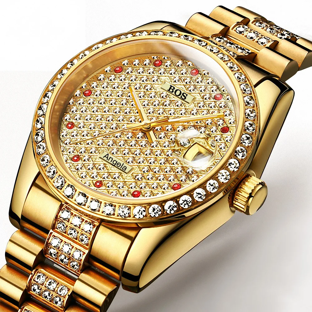 

Montre Homme Men New Fashion Automatic Mechanical Watch Calendar Fine Steel Waterproof Gold Watch Full Rhinestone Zegarki Meskie