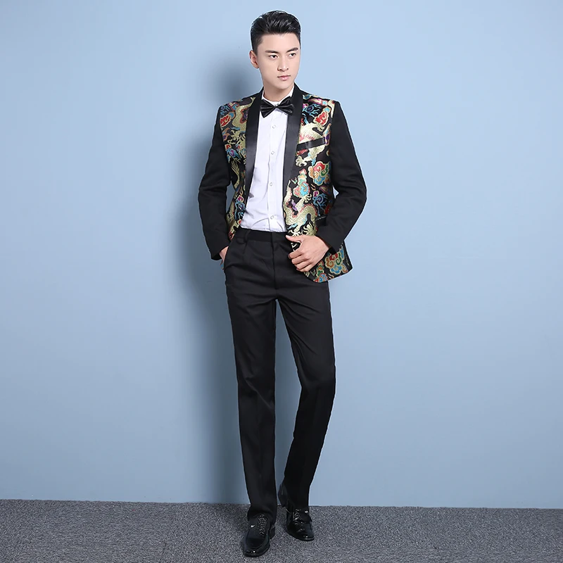 100%real mens black/golden/royal blue dragon embroidery tuxedo suit