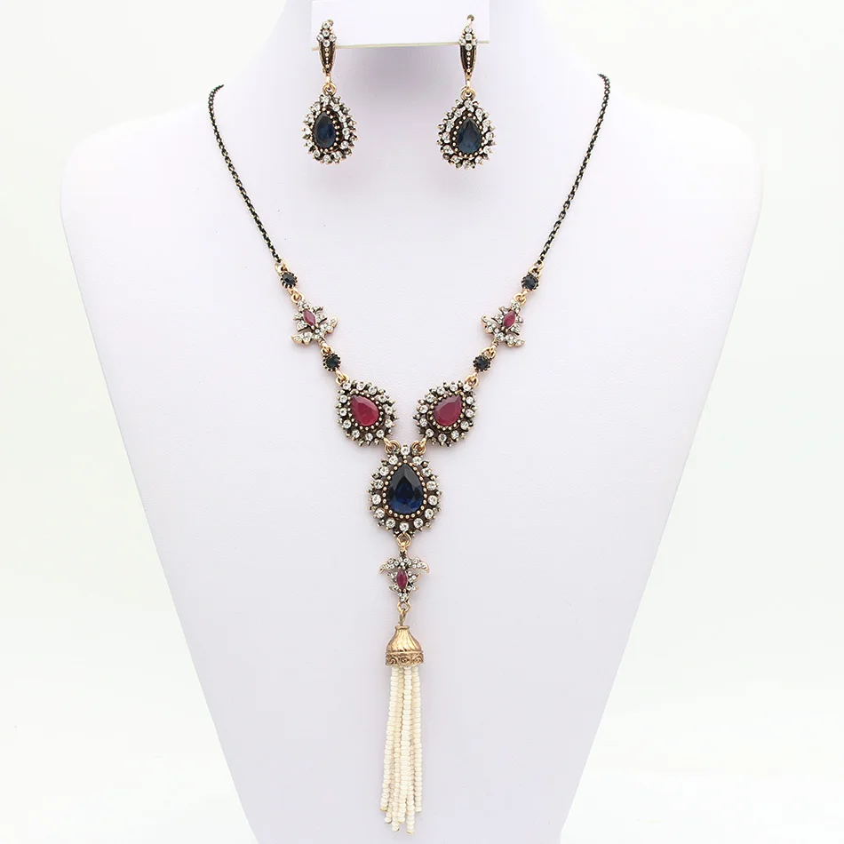 

Vintage Women Flower Jewelry Sets Turkish Resin Antique Jewelry Resin Drop Earrings Bead Tassels Necklace Arabia Bridal Jewelry