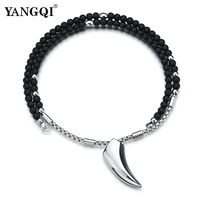 Norse Vikings Wolf Teeth Pendant Necklaces Silver Stainless Steel Chain Black Stone Strand Beads Necklaces Ethnic Jewelry Men
