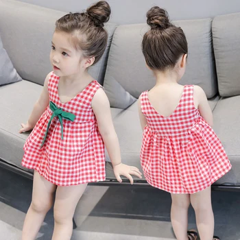 

Girls Dress Summer Girls Garden Casual Sweet Plaid Ribbon Clothing Cotton Princess Dresses Baby Sleeveless Vest Dress V Neck Bow