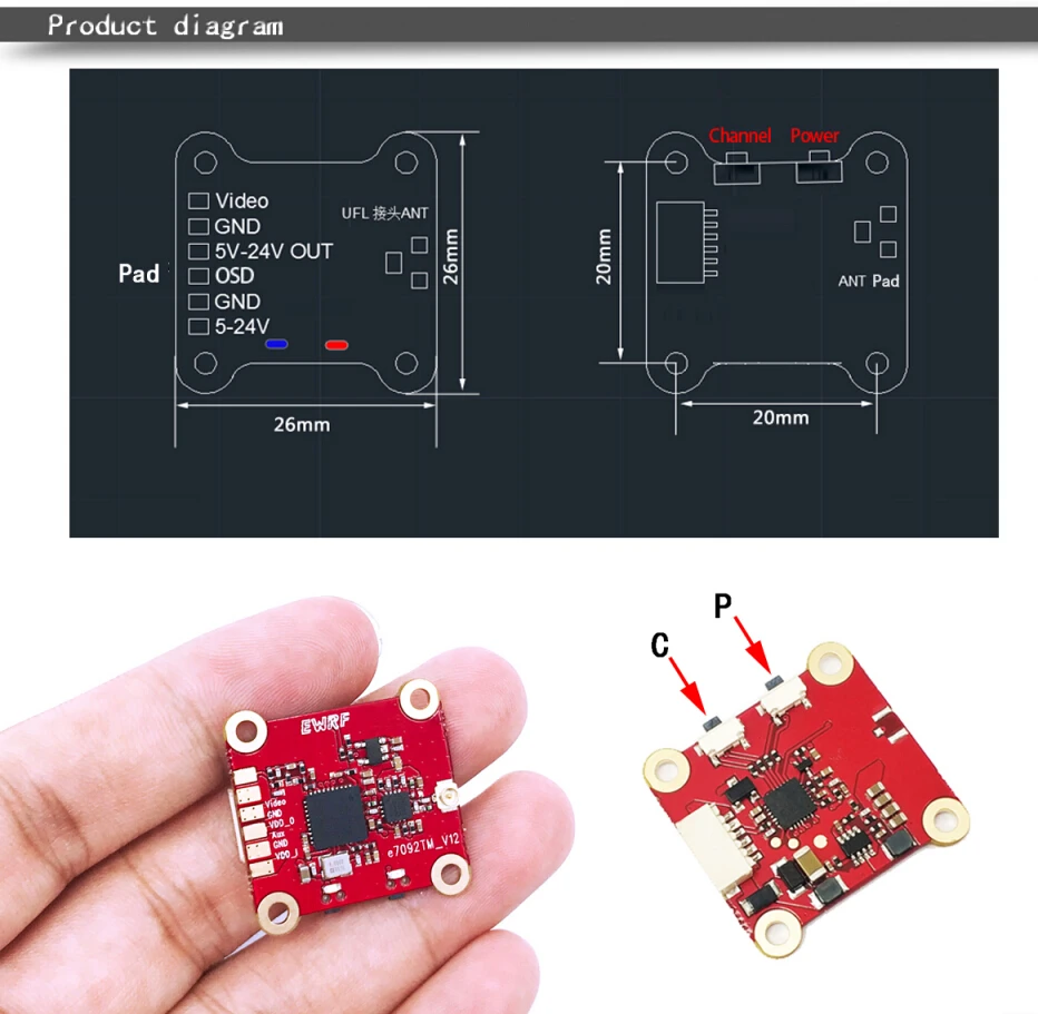 Передатчик EWRF 7092TM Pro 5,8G 40CH 25 mW/200 mW/500 mW переключаемый видео передатчик 20x20mm w/tbs Smart Audio для мини дрона