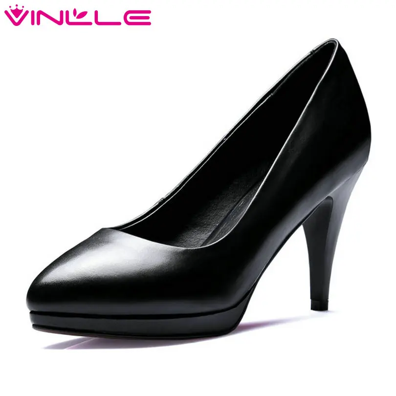 

VINLLE 2018 Women Shoes Thin High Heel 8.5/11.5cm Genuine Leather Western Style Pointed Toe Ladies Wedding Pumps Size 34-39
