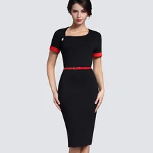 Retro Pure Black Formal Office Dress Women Irregular Neckline Short Turn-Down Sleeve Button Sashes Bodycon Midi Dress B350