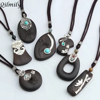 

Qilmily Retro Ethnic Ebony Inlaid Ancient Silver Pendant Necklace for Women Girls Long Alloy Bamboo Sweater Chain Souvenir Gift