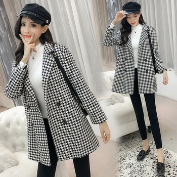 

Houndstooth Wool Winter Coat Women Loose Plaid Loose Winter Coats Fashion Overcoat Ladies Coats Double Breasted Coat Korean