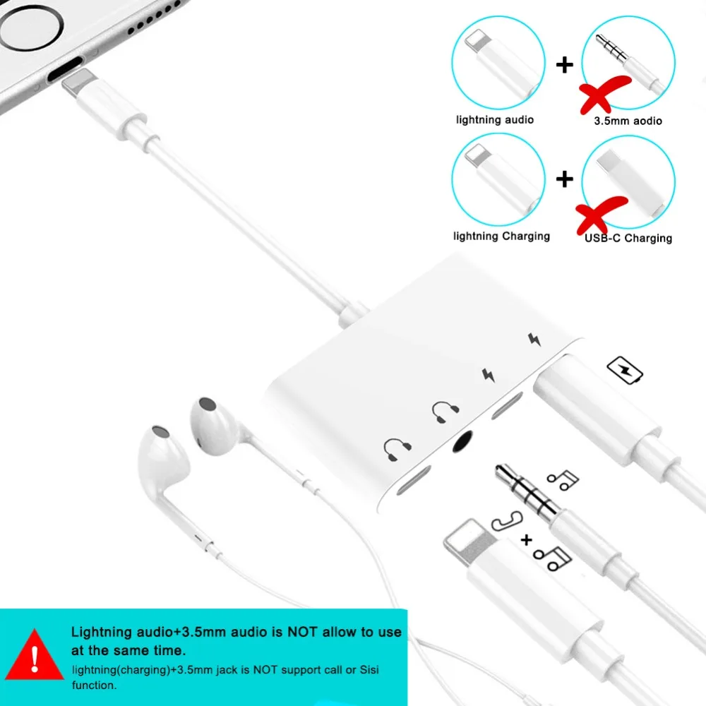 4 в 1 для Lightning/аудио сплиттер с 3,5 мм разъемом для наушников Aux адаптер с USB C зарядным портом для iPhone X/8 P/7/iPod/iPad