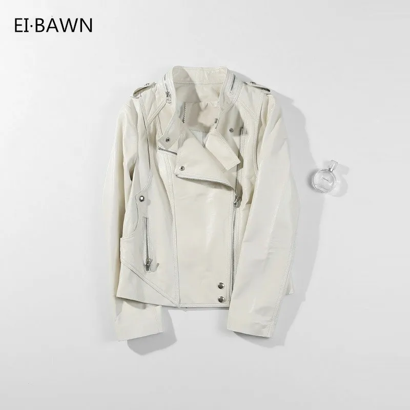 

2019 Leather Jacket Women Moto Jacket Ladies Rivet Short Slim Coat Sheepskin Autumn Streetwear White Blue Short Jackets Coats