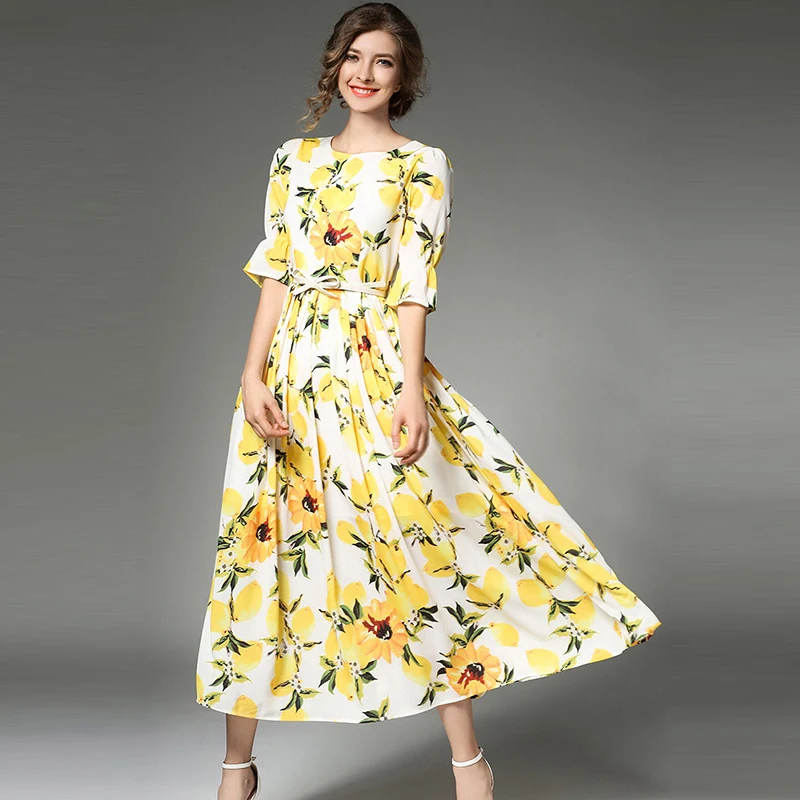 European Style Print Multi Floral Vintage Dresses 2017 Women Summer