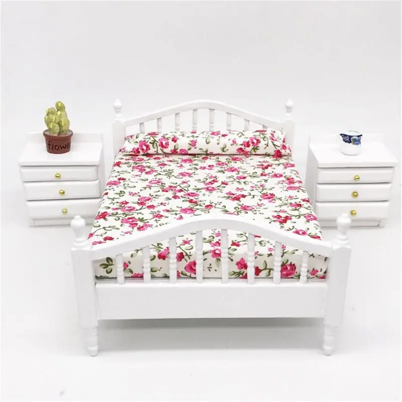 Dollhouse Accessories Wooden Double Queen Bed Flower Pattern Mini Furniture For 1/12 Scale Doll