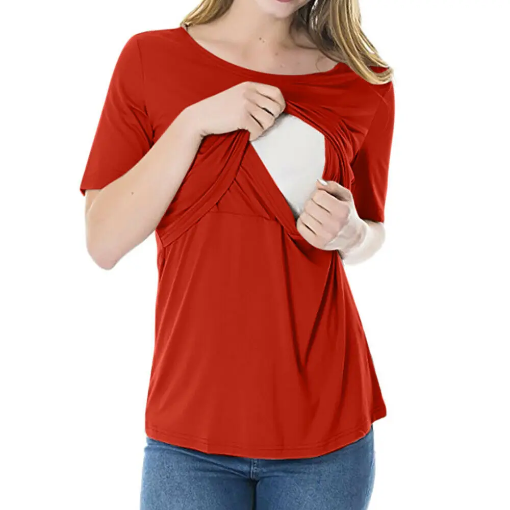 Горячая Распродажа, женская летняя Повседневная Удобная одежда с коротким рукавом для беременных, топ для кормления грудью, футболка с двойным слоем - Цвет: as picture shows