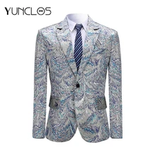 YUNCLOS, синий, на одной пуговице, Мужской Блейзер, благородный, с рисунком павлина, пиджак, вечерние, для свадьбы, певец, для сцены, пиджак, пиджак, XS-3XL